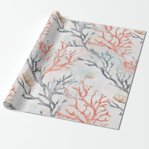 Elegant Watercolor Coral Branches & Ocean Waves Wrapping Paper