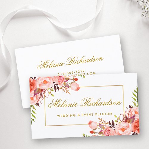 Elegant Watercolor Coral Floral and Gold Frame Business Card