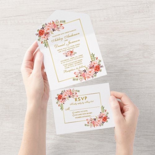 Elegant Watercolor Coral Floral Gold All In One Invitation