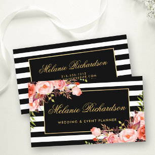 Elegant Watercolor Coral Floral Gold Black Striped Business Card