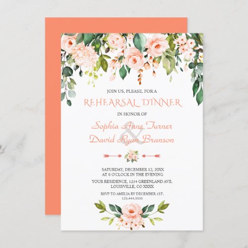 Elegant Watercolor Coral Flowers Rehearsal Dinner Invitation