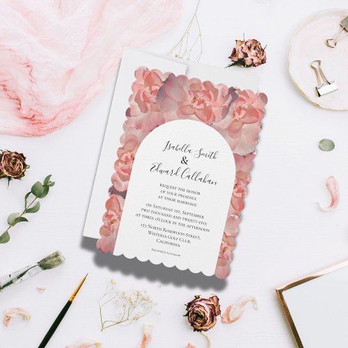 Elegant Watercolor Coral Pink Rose Floral Wedding Invitation