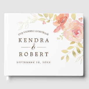 Elegant Watercolor Coral Pink Rose & Gold Wedding Guest Book