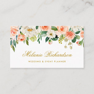 Elegant Watercolor Coral White Floral Gold Business Card