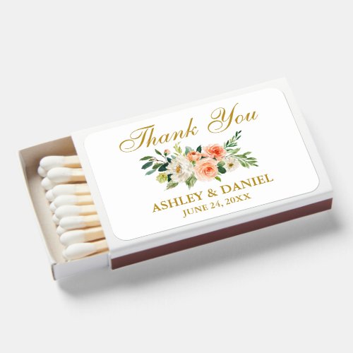 Elegant Watercolor Coral White Floral Wedding Gold Matchboxes