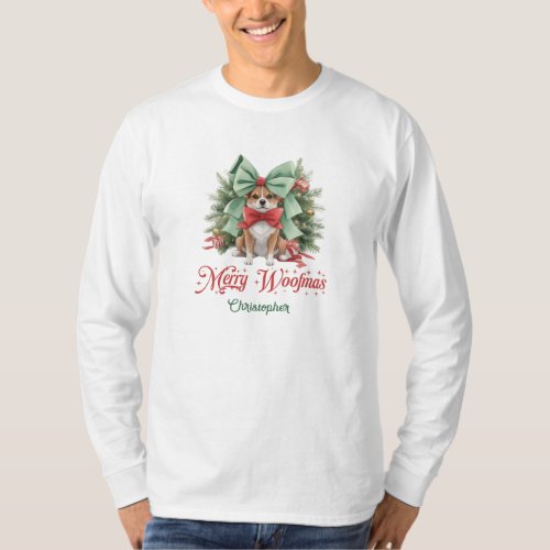 Elegant watercolor corgi with Christmas bow  T_Shirt
