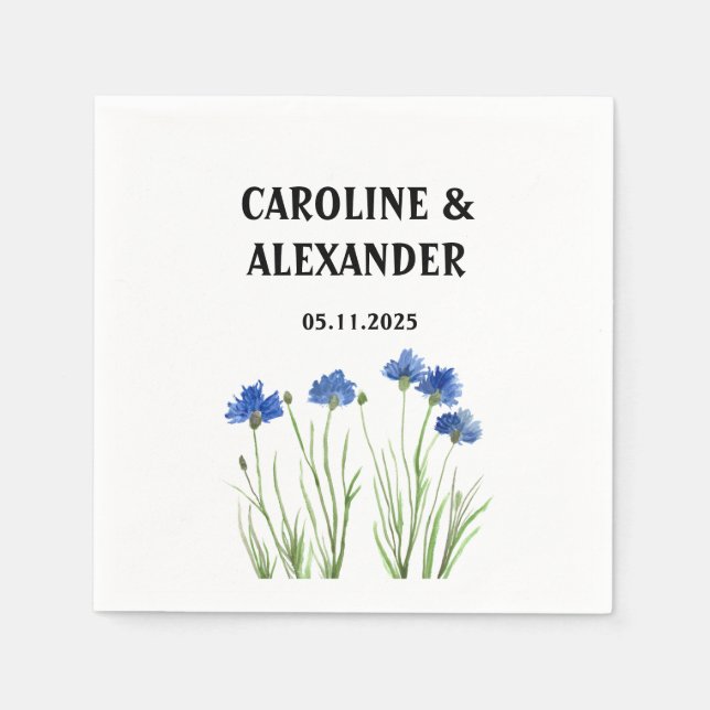 Elegant Watercolor Cornflowers Wildflowers Wedding Napkins (Front)