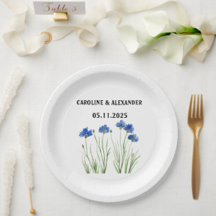 Elegant Watercolor Cornflowers Wildflowers Wedding Paper Plates