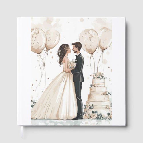 Elegant Watercolor Couple & Floral Cake Wedding Foil Guest Book