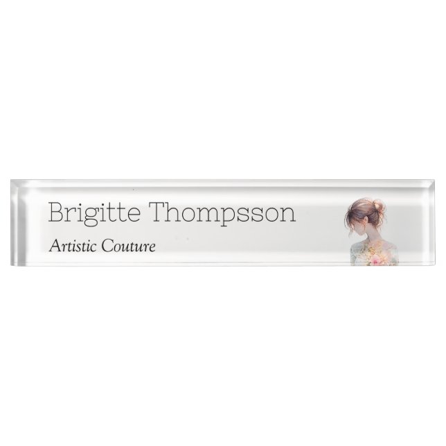 Elegant Watercolor Couture Bridal Fashion Designer Desk Name Plate (Front)