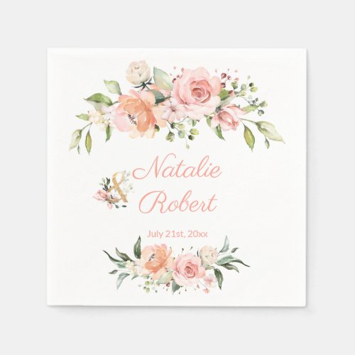 Elegant watercolor cream pink roses Wedding Napkins