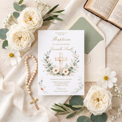 Elegant Watercolor Cross Baptism Invitation