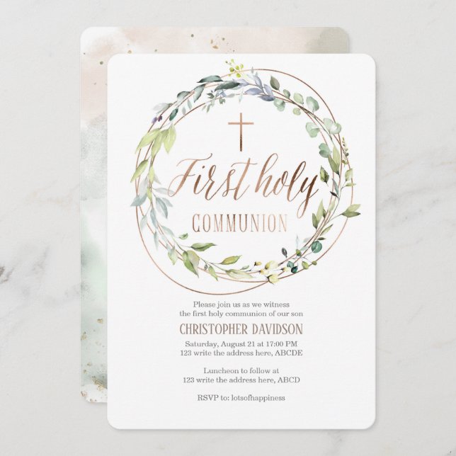 Elegant, Watercolor, Cross, First communion Invitation (Front/Back)