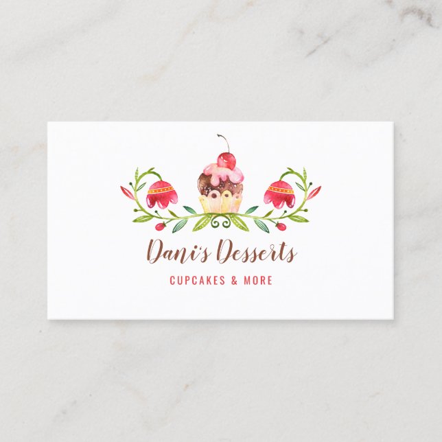 Elegant Watercolor Cupcake Baking Business Card (Front)