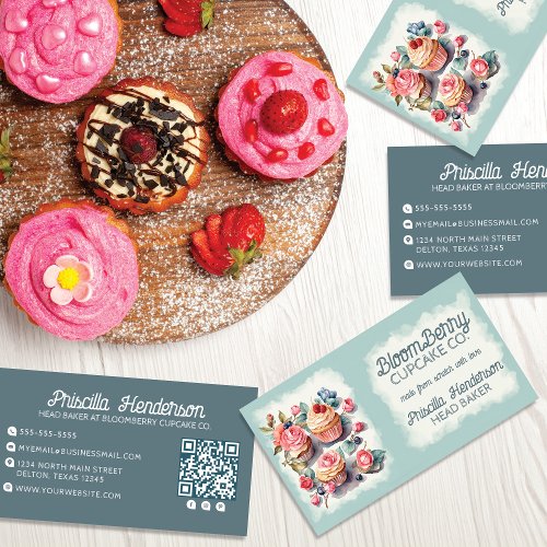 Elegant Watercolor Cupcake Retro Floral Business Card