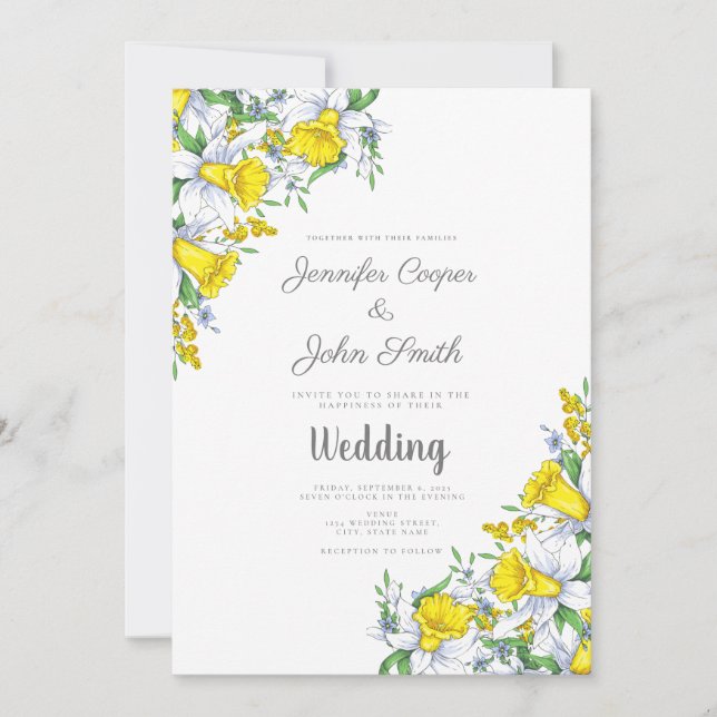 Elegant Watercolor Daffodil Floral Wedding  Invitation (Front)