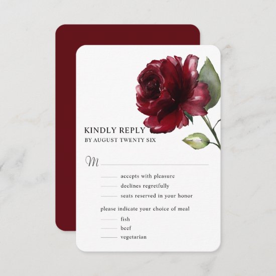 Elegant Watercolor Deep Red Burgundy Flower w Meal RSVP Card