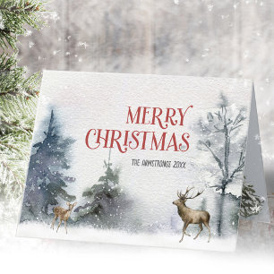 Elegant Watercolor Deer Winter Forest Holiday Card