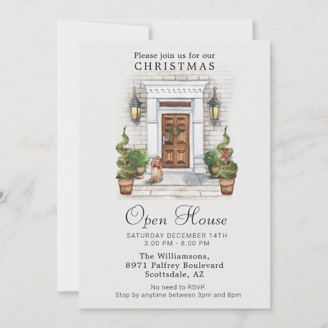 Elegant Watercolor Door Christmas Open House Invitation (Front)