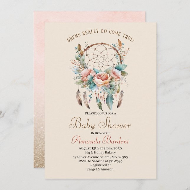 Elegant watercolor dream catcher and flowers invitation (Front/Back)