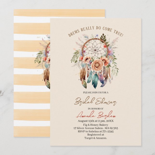 Elegant watercolor dream catcher and flowers invitation (Front/Back)