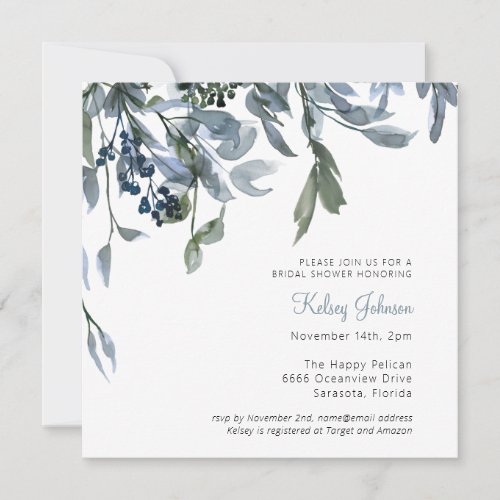 Elegant Watercolor Dusty Blue Floral Bridal Shower Invitation