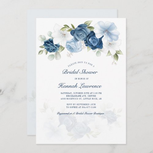 Elegant Watercolor Dusty Blue Floral Bridal Shower Invitation