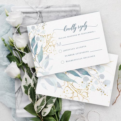 Elegant Watercolor Dusty Blue Floral Gold Wedding RSVP Card