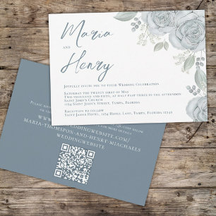 Elegant Watercolor Dusty Blue Floral Rose QR Code Invitation
