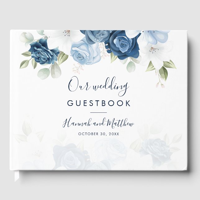 Elegant Watercolor Dusty Blue Floral Wedding Guest Book (Front)