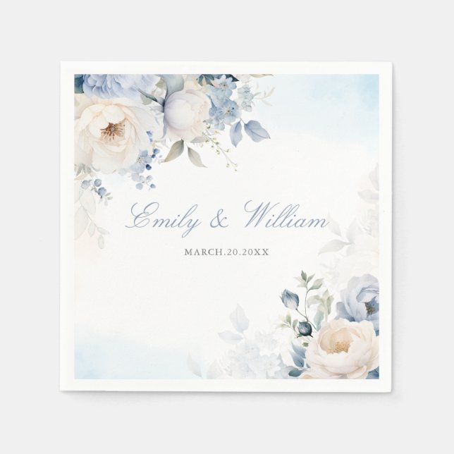Elegant Watercolor Dusty Blue Floral Wedding  Napkins (Front)