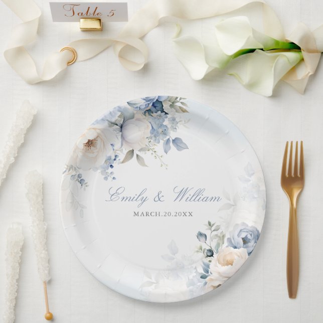 Elegant Watercolor Dusty Blue Floral Wedding Paper Plates (Wedding)