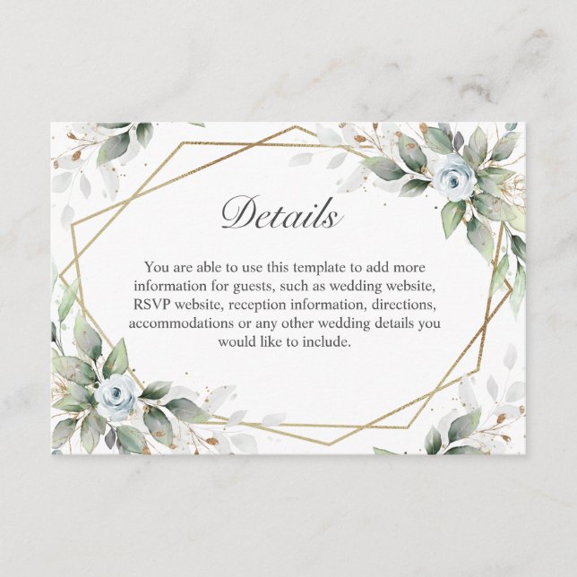 Elegant Watercolor Dusty Blue Foliage Details Enclosure Card (Front)