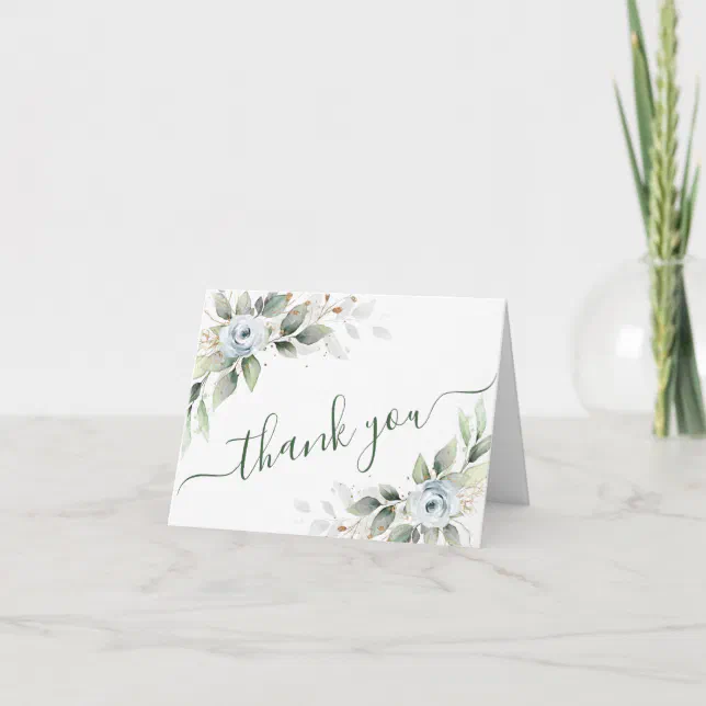 Elegant Watercolor Dusty Blue Foliage Thank You Card | Zazzle