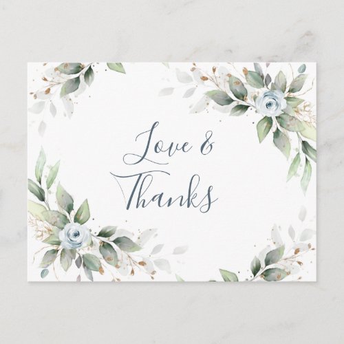 Elegant Watercolor Dusty Blue Foliage Thank You Postcard