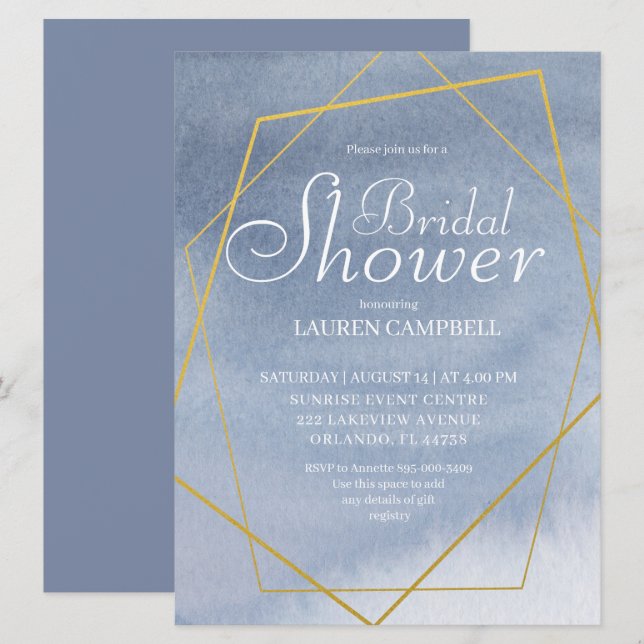 Elegant Watercolor Dusty Blue Gold Geometric Invitation (Front/Back)
