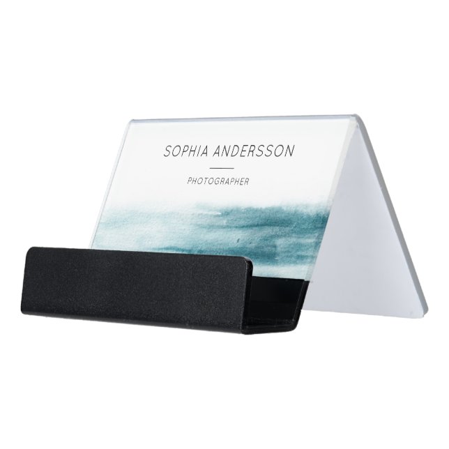 Elegant Watercolor Dusty Blue Ocean  Desk Business Card Holder (Angled Front)
