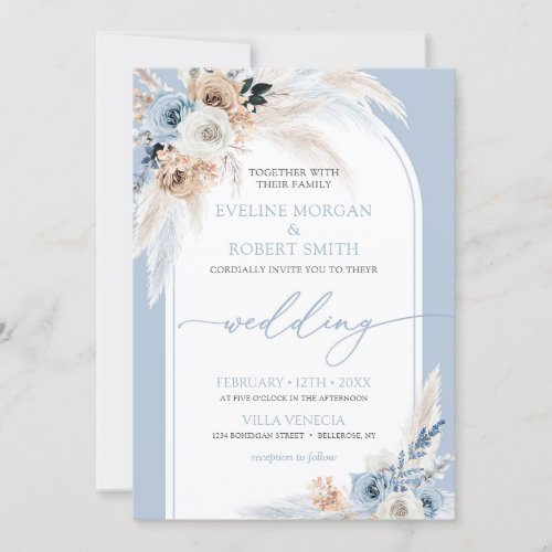 Elegant watercolor dusty blue roses pampas arch invitation