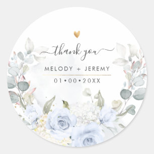 Elegant Watercolor Dusty Blue Roses Thank You Classic Round Sticker