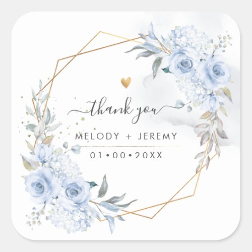 Elegant Watercolor Dusty Blue Roses Thank You Square Sticker