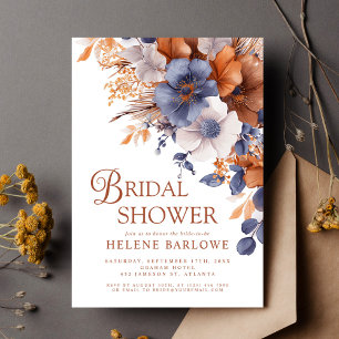 Elegant Watercolor Dusty Blue Rust Bridal Shower Invitation