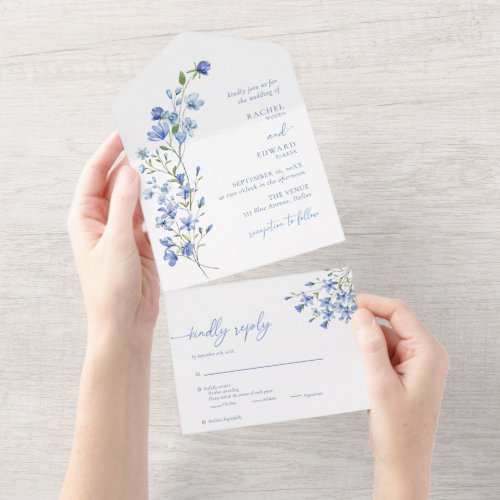 Elegant Watercolor Dusty Blue Wildflower Wedding All In One Invitation