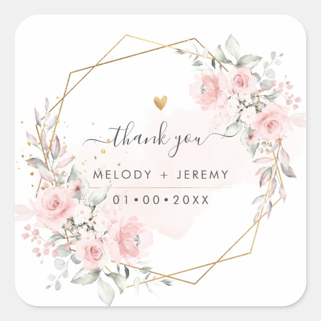 Elegant Watercolor Dusty Blush Pink Thank You Square Sticker (Front)