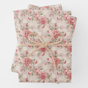 Elegant watercolor dusty pink roses and lace wrapping paper sheets