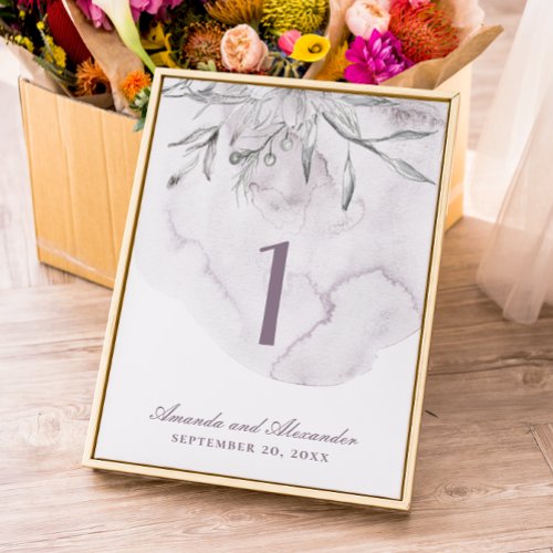 Elegant watercolor dusty purple floral wedding table number