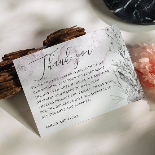 Elegant watercolor dusty purple floral wedding thank you card