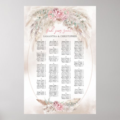 Elegant watercolor dusty rose pampas Alphabetical Poster