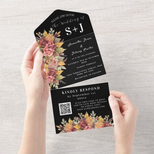 Elegant Watercolor Earthy Floral Wedding RSVP All In One Invitation