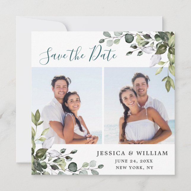 Elegant Watercolor Eucalyptus 2 PHOTO Wedding Save The Date (Front)