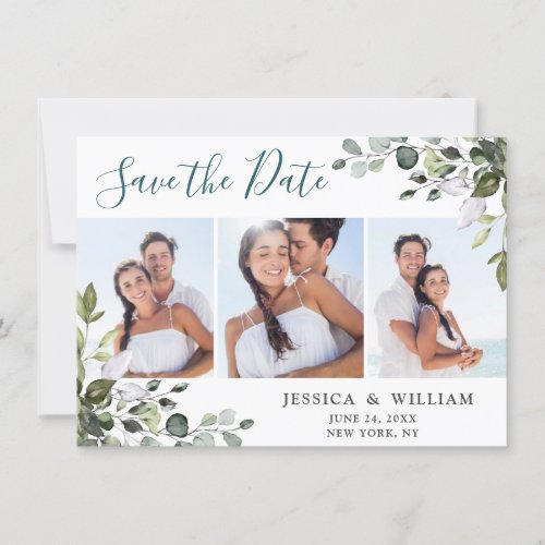 Elegant Watercolor Eucalyptus 3 PHOTO Wedding Save The Date